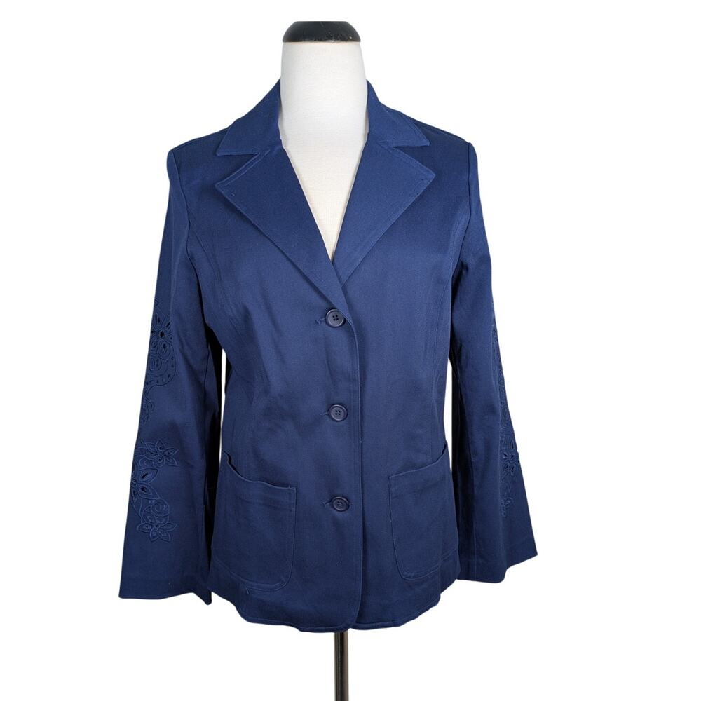 New Susan Graver Style Size Small Navy Blue Embroidered Blazer Jacket